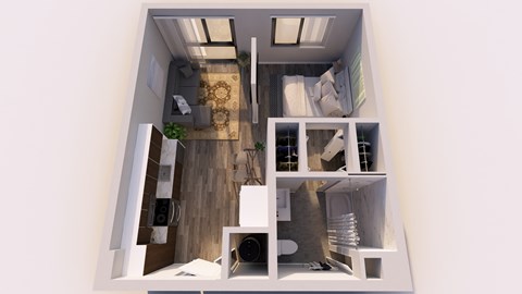 A top-down view of a small, modern apartment with a kitchen, living room, and bathroom.