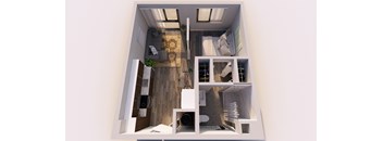 A top-down view of a small, modern apartment with a kitchen, living room, and bathroom.