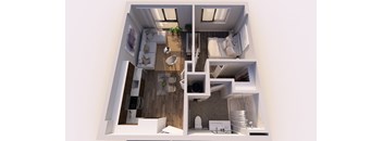 A top down view of a small apartment with a kitchen, living room and bedroom.