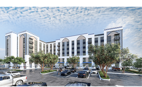 A rendering of a modern building with a parking lot in front.