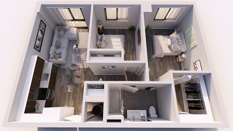 A 3D rendering of a modern, minimalist apartment layout.