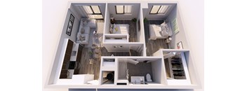 A 3D rendering of a modern, minimalist apartment layout.
