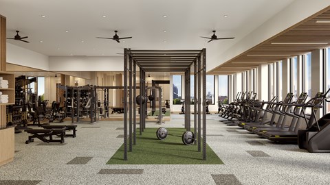 A gym with a variety of equipment including treadmills, weights, and benches.
