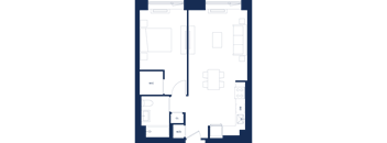 A floor plan of a house with a kitchen, living room, and two bedrooms.
