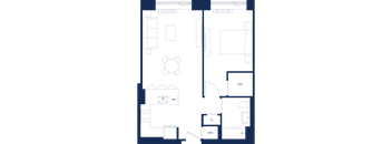 A floor plan of a house with a kitchen, living room, and bathroom.