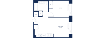 A floor plan of a living and dining area with a kitchen and a bathroom.