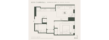 A floor plan for a 420 Carroll Residence E00 on Floor 2, Bedroom 1 and Bathroom.