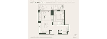A floor plan for a 420 Carroll Residence E09 shows a bedroom, bathroom, and private terrace.