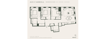 A floor plan for a residence with 3 bedrooms and 2 bathrooms.