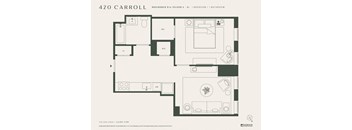 A floor plan for a 420 Carroll residence shows a living room, dining room, kitchen, and two bedrooms.