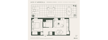 A floor plan for a 420 Carroll residence shows a bedroom, bathroom, and living room.