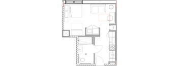 Floor plan F:  One-bedroom furnished apartment