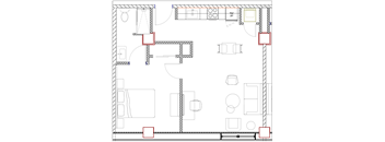 Floor plan G:  One-bedroom furnished apartment