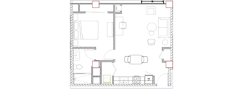 Floor Plan J:  One-bedroom furnished apartment