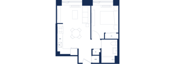 A floor plan of a house with a kitchen, living room, and two bedrooms.