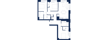 A floor plan of a building with multiple rooms and labeled areas.