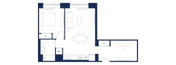 A floor plan of a house with a kitchen, living room, and two bedrooms.