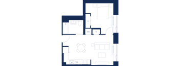 A floor plan of a house with a kitchen, living room, and two bedrooms.
