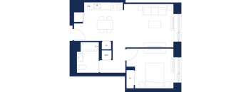 A floor plan of a house with a kitchen, living room, and two bedrooms.