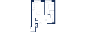 A floor plan of a house with a kitchen, living room, and two bedrooms.