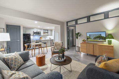 A modern living room with a grey sofa, a coffee table, and a TV on a wooden cabinet.