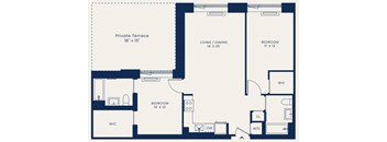 A floor plan of an apartment with a living room, two bedrooms, a private terrace, and a WIC.