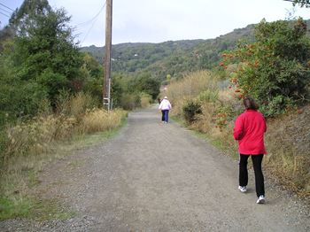 two people walking down a dirt road