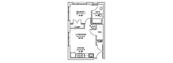 A floor plan of a house with a bedroom, living room, kitchen, and bathroom.