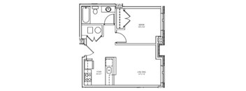 A floor plan of a room with a bed, a desk, and a wardrobe.