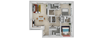 A top-down view of a small apartment with a kitchen, living room, and bedroom.
