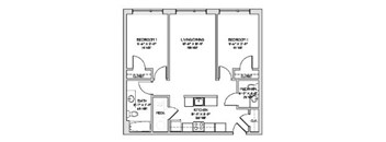 A black and white image of a floor plan for a house with two bedrooms, a living room, a kitchen, a bathroom, and a laundry area.