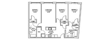 A floor plan of a house with three bedrooms and a living/dining area.