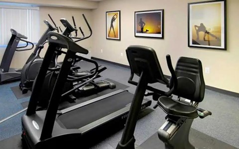 A gym with a treadmill, elliptical trainer and a stationary bike.