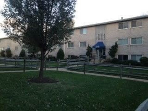 A tree in a grassy area in front of a building.