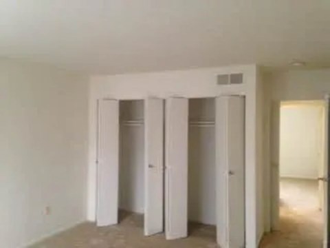Three white closet doors are open in a room.