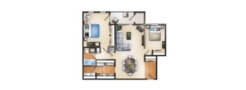 A floor plan of a house with a kitchen, living room, dining room, and bedrooms.