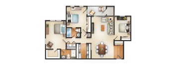 A floor plan of a house with a kitchen, living room, and two bedrooms.