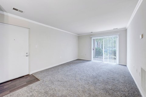 A room with a white door and a carpeted floor.