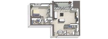 A drawing of a house layout with a kitchen, living room, and two bedrooms.