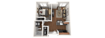 A 3D floor plan of a small 662 sf apartment with a kitchen, living room, and bathroom.
