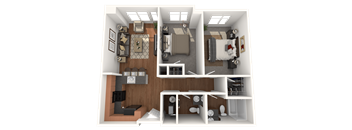 A 3D floor plan of a 956sf house showing a living room, kitchen, dining room, and bedrooms.