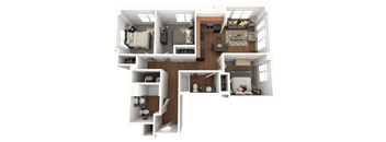 A 3D floor plan of a 1237sf house with multiple rooms and furniture.