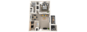 A 3D floor plan of a small apartment with a kitchen, living room, and bedroom.