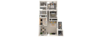A 3D floor plan of a small apartment with a kitchen, living room, and bathroom.