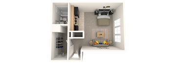 A 3D rendered image of a small apartment layout.