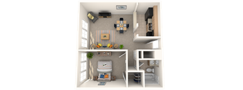 A 3D rendered image of a small apartment layout.