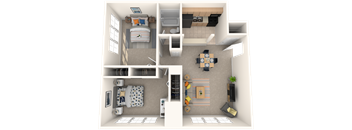 A 3D floor plan of a small apartment with two bedrooms, a living room, and a kitchen.