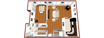 A top-down view of a house layout with a kitchen, living room, and bedrooms.