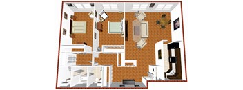 A 3D floor plan of a house with a kitchen, living room, and bathroom.