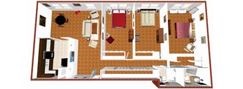 A floor plan of a house with a kitchen, living room, and two bedrooms.